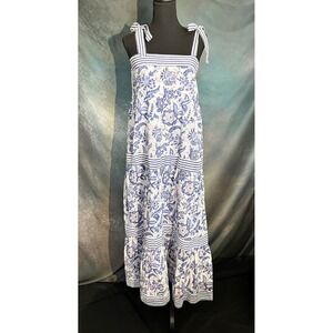Madison Mathews Blue Floral Maxi Dress Tie Shoulder Tiered Cotton Size Large